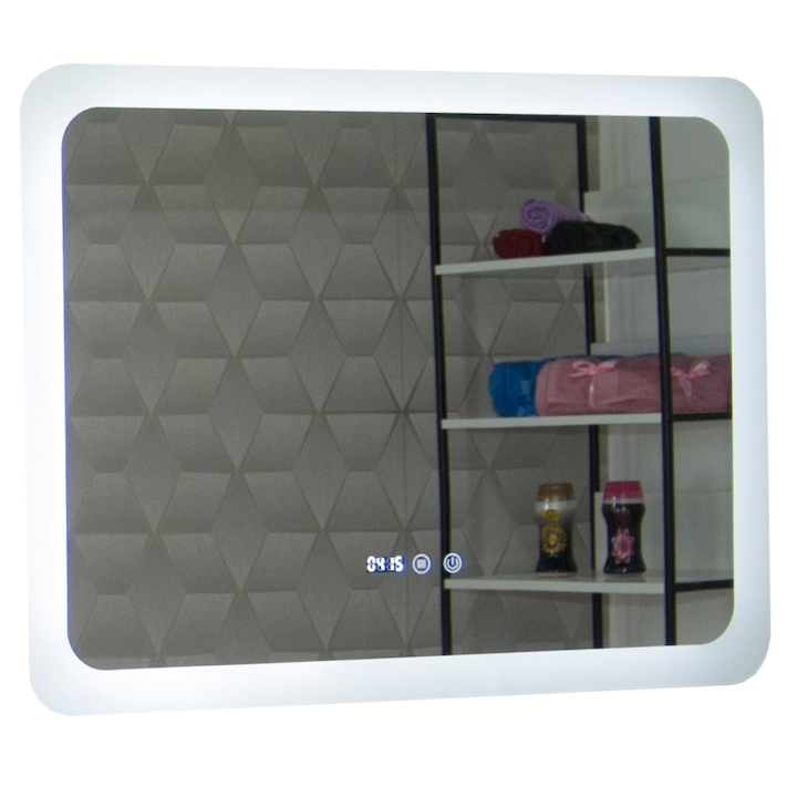 Oglinda cu iluminare LED Badenmob, functie dezaburire, ceas, data si termometru, MD2, 80x60cm, clasa energetica G