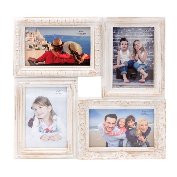 Rama foto de perete, alb patinat, 4 pozitii, 33 x 33 cm