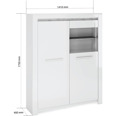 Vitrina Kring Vida, 141x175x40 cm, culoare alb lucios / gri beton