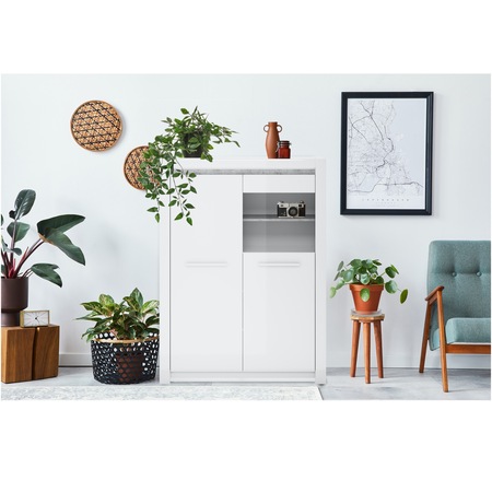 Vitrina Kring Vida, 141x175x40 cm, culoare alb lucios / gri beton