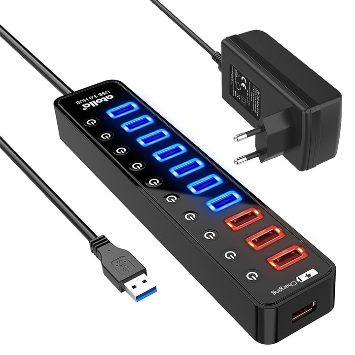 Хъб Atolla, USB, Бързо зареждане, LED осветление, 11 порта, Черен