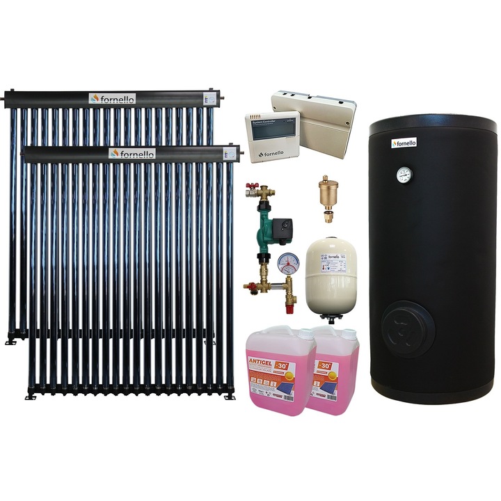 Pachet sistem solar presurizat Fornello 40 Tuburi Heat Pipe, Boiler cu 2 serpentine Fornello SOL 300 LT 2S, controller, vas expansiune, grup pompare, aerisitor 1/2, antigel