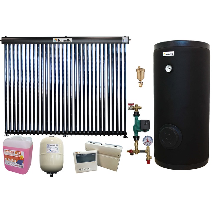 Pachet sistem solar presurizat, panou Fornello 30 Tuburi Heat Pipe, Boiler cu 2 serpentine Fornello SOL 300 LT 2S, controller, vas expansiune, grup pompare, aerisitor 1/2, antigel