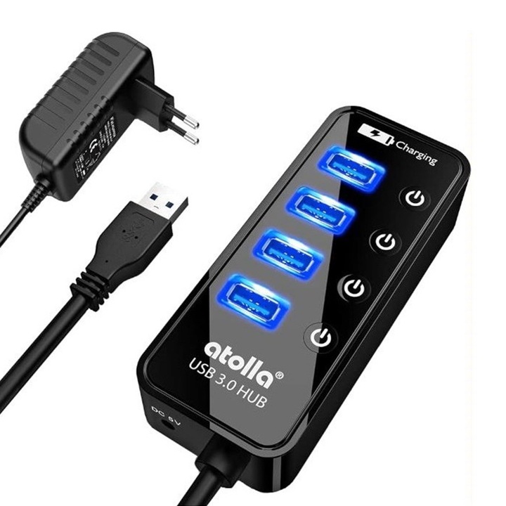 Хъб Atolla, USB 3.0, Бързо зареждане, Бутон за включване/изключване, LED осветление, 5V/3A, Черен