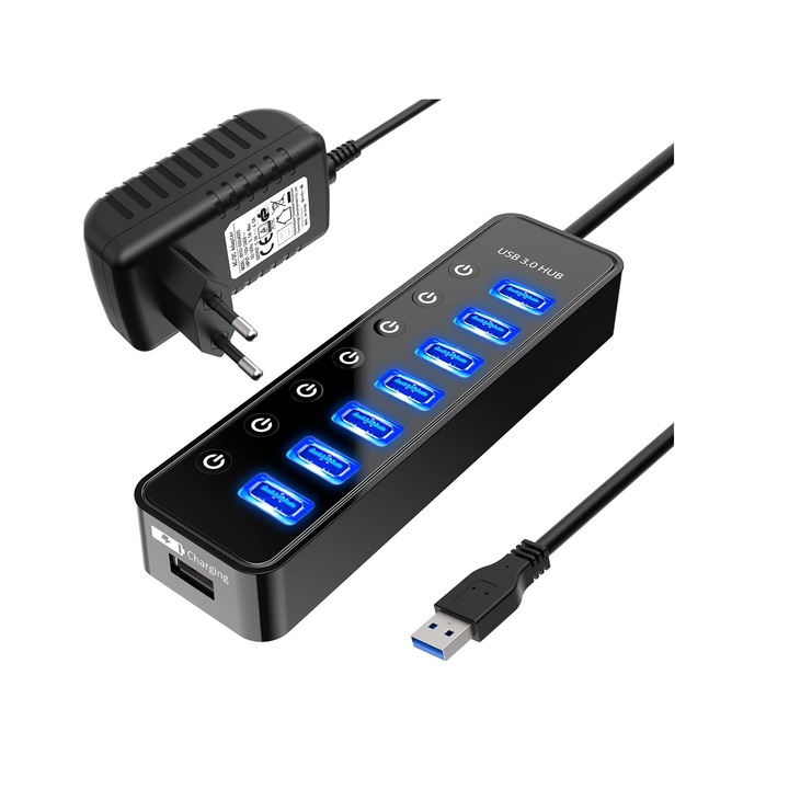 Hub, Atolla, USB 3.0, Fast charge, 5V/4A, Buton pornire/oprire, Iluminare LED, Negru