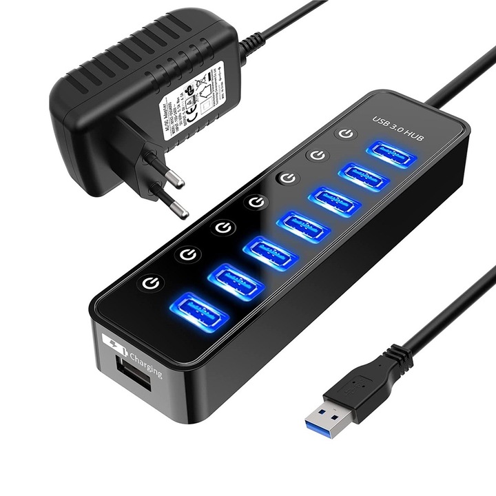 Хъб Atolla, USB 3.0, Бутон за включване/изключване, LED осветление, Бързо зареждане, 5V/4A, Черен