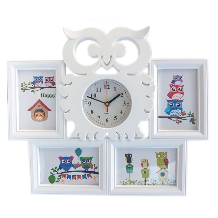 Rama Foto si Ceas, Colaj 4 poze, Plastic, 45x38cm, poze 10x15cm, Alb