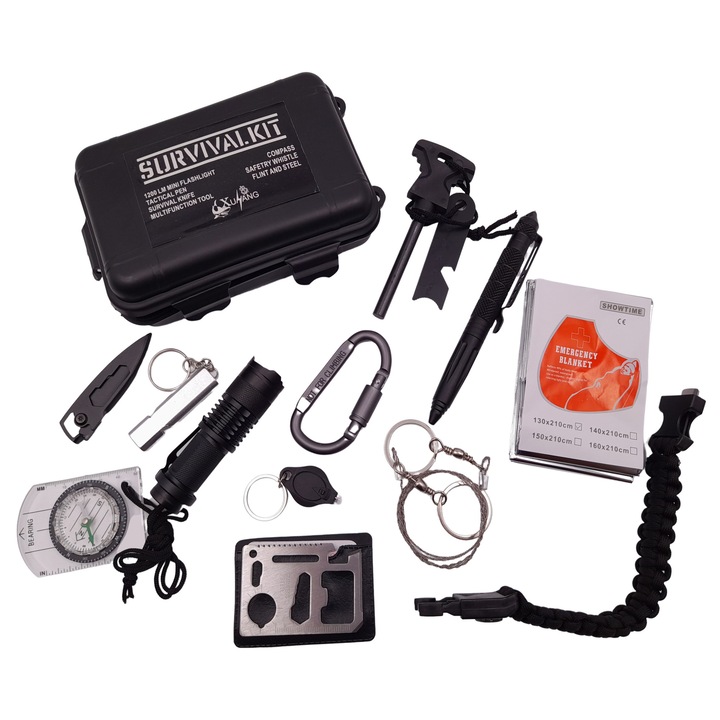 Kit de supravietuire DEPOX®, Self Saviour, 12 elemente multifunctionale, negru
