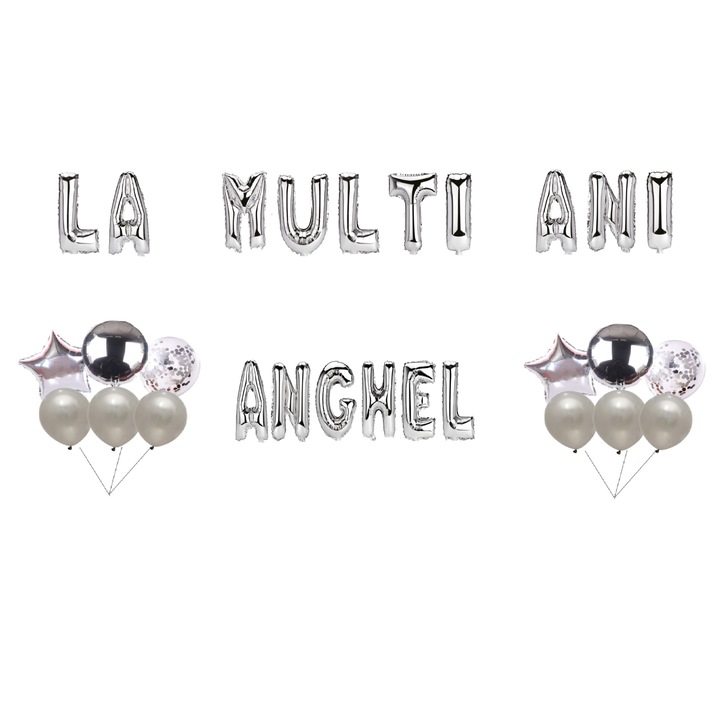 Angyal Boldog születésnapot lufi szett, tortafeltét, ezüst, 35 db