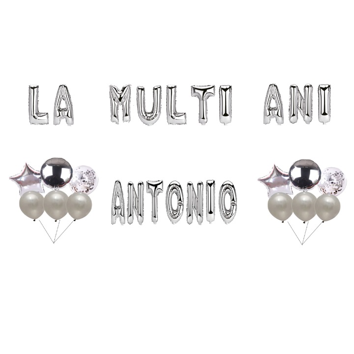 Boldog születésnapot Antonio lufi szett, tortafeltét, ezüst, 35 db
