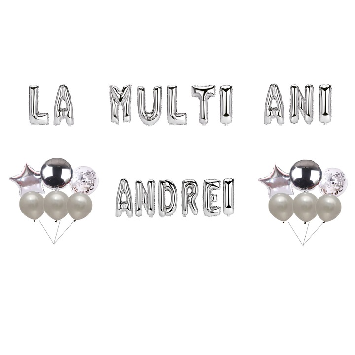 Boldog születésnapot Andrei lufi szett, tortafeltét, ezüst, 35 db