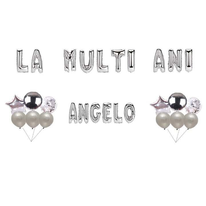 Angelo születésnapi lufi szett, tortafeltét, ezüst, 35 db