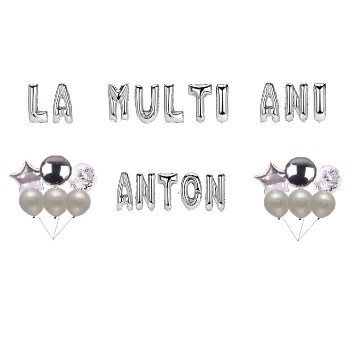 Boldog születésnapot Anton lufi szett, tortafeltét, ezüst, 35 db