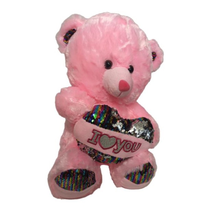 Ursulet de plus cu inimioara, I love you, moale la atingere, roz/argintiu, 42 x 30 cm
