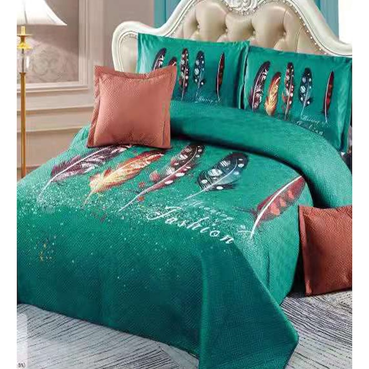 Set cuvertura de pat cu 4 fete de perna, 5 piese, din catifea, imprimata, matlasata, verde/maro, Feathers, E300-01, 220x250 cm