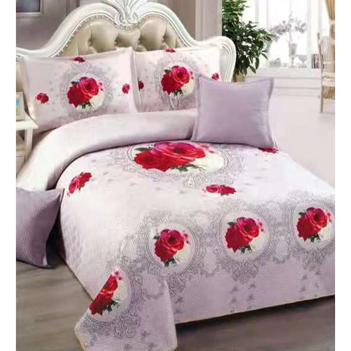 Set cuvertura de pat si 4 fete de perna din catifea imprimata, matlasata, roz/rosu, Red Rose, E300-14, 230x250 cm