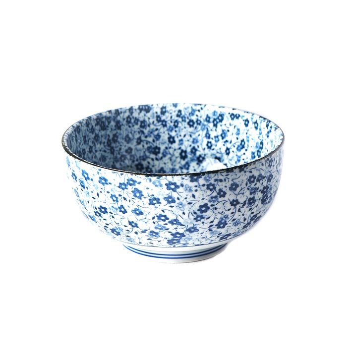 Bol Udon Blue Daisy , MIJ, Ceramica, Model flori, 16 × 8.5 cm, 800 ml, Alb/Albastru