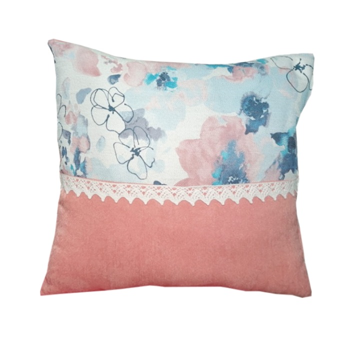 Husa Perna decorativa Casa Bucuriei, roz somon/bleumarin, 38/38 cm