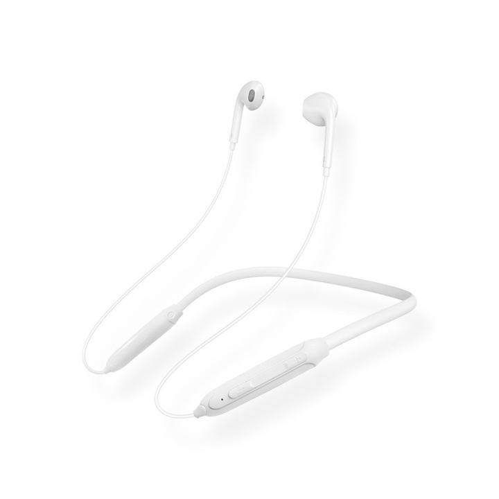 Безжични аудио слушалки, Dudao, U5B, Бели, Спортни, In-Ear, С лента за врата, Bluetooth 5.0, Дистанционно управление, Обхват 10 м