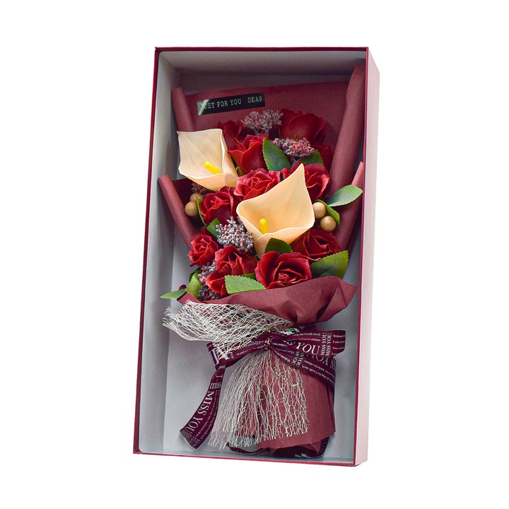 Елегантна флорална композиция, сапунени цветя, D4061, червено, 40x21.5x12 см