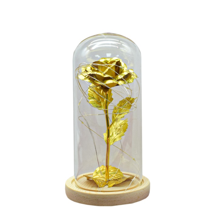 Aranjament floral in cupola de sticla, lumina Led, D4044, Galben, 9x20 cm