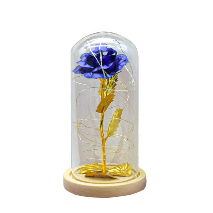 Aranjament floral in cupola de sticla, lumina Led, D4044, Albastru, 9x20 cm