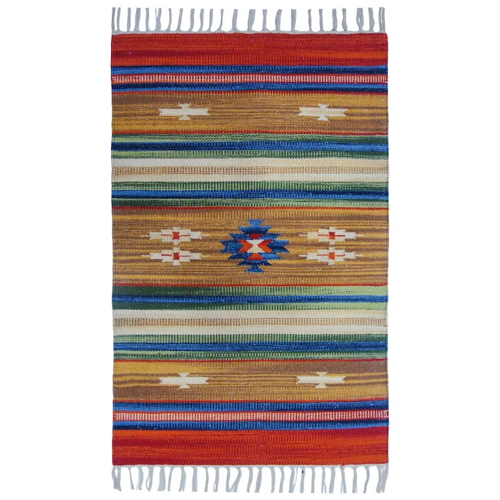 Covor lucrat manual cu franjuri, Bumbac, Aspect modern, Multicolor, Dreptunghi, 60x90cm