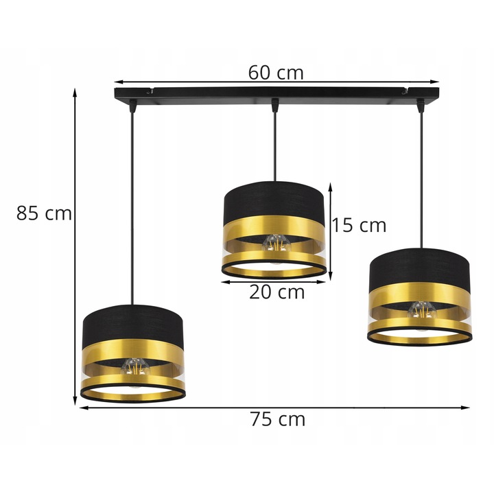Plafoniera suspendata cu abajur, Light Home, Intense, reglabile, Lungime 85 cm, Latime 75 cm, Abajur 20 cm, E27, 3 punct de lumina, material textil, Auriu/Negru