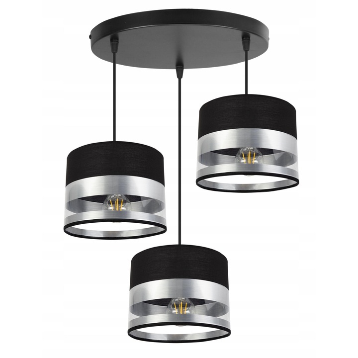 Plafoniera suspendata cu abajur, Light Home, Intense, reglabile, Lungime 85 cm, Latime 40 cm, Abajur 20 cm, E27, 3 punct de lumina, material textil, Negru/Crom