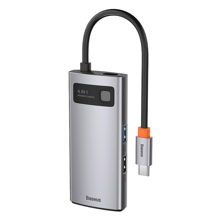 Докинг станция Baseus Metal Gleam, USB Type-C PC връзка, 4 в 1, Сив