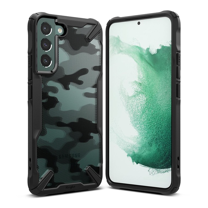AZIAO Tech X Design Case за Samsung Galaxy S22 Plus, Fusion Smart Protection, Anti-Impact, Extra Grip Texture, Anti-Drop Test, Military-Grade Protection, Black Camouflage