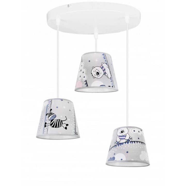 Plafoniera suspendata cu abajur, Light Home, Ladybird, reglabile, Lungime 90 cm, E27, 3 punct de lumina, material textil, Gri/Alb