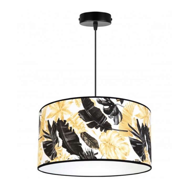 Plafoniera suspendata cu abajur, Light Home, Gold flowers, reglabile, Lungime 90 cm, Abajur 40 cm, E27, 1 punct de lumina, material textil, Alb/Negru/Auriu