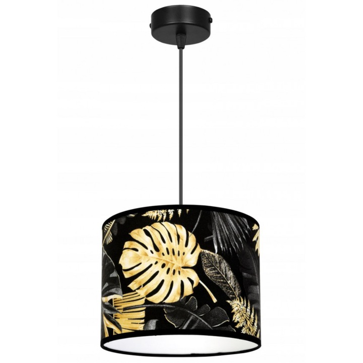 Plafoniera suspendata cu abajur, Light Home, Gold flowers, reglabile, Lungime 90 cm, Abajur 20 cm, E27, 1 punct de lumina, material textil, Negru/Auriu