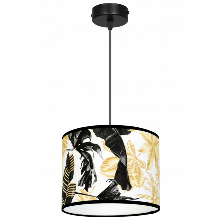 Plafoniera suspendata cu abajur, Light Home, Gold flowers, reglabile, Lungime 90 cm, Abajur 20 cm, E27, 1 punct de lumina, material textil, Alb/Negru/Auriu