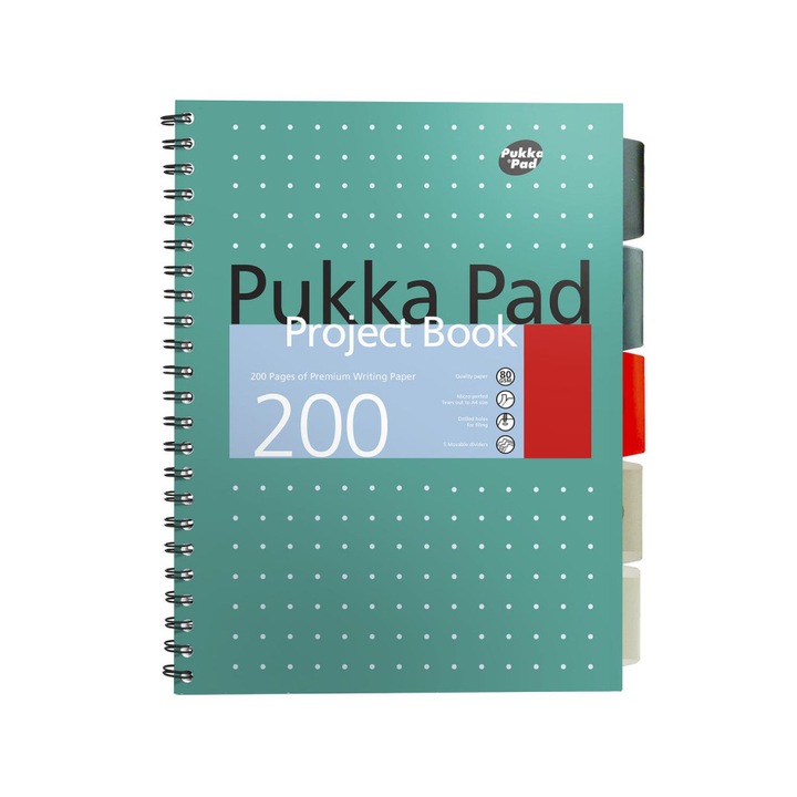 Caiet cu spirala si separatoare Pukka Pads Metallic Project Book dictando A4, microperforatii, 200 pagini, verde