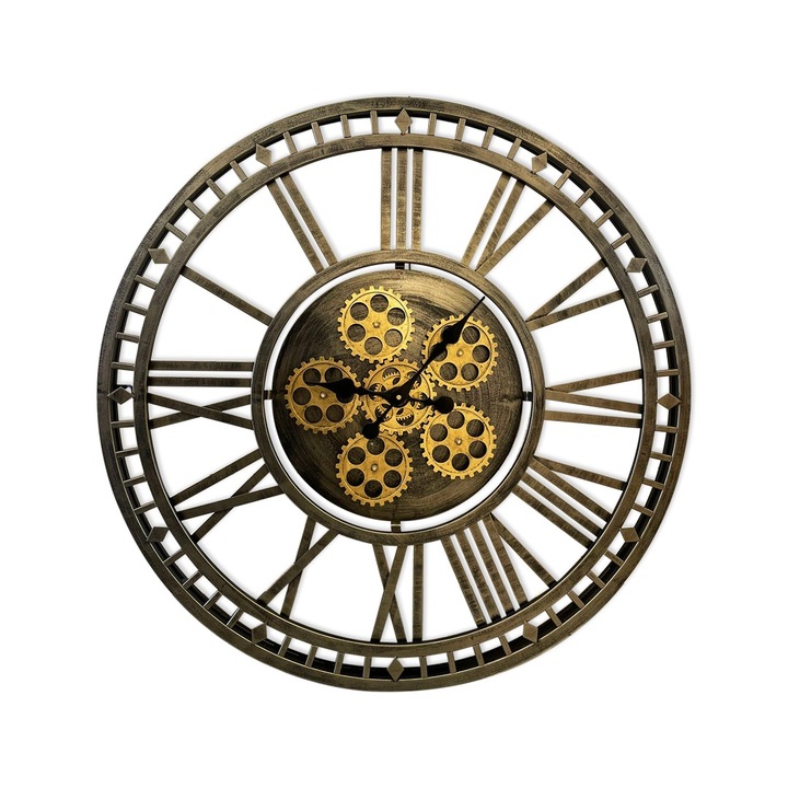 Ceas de perete 2051, rotund, cifre romane, industrial, 92,2x12x92 cm, bronz antichizat