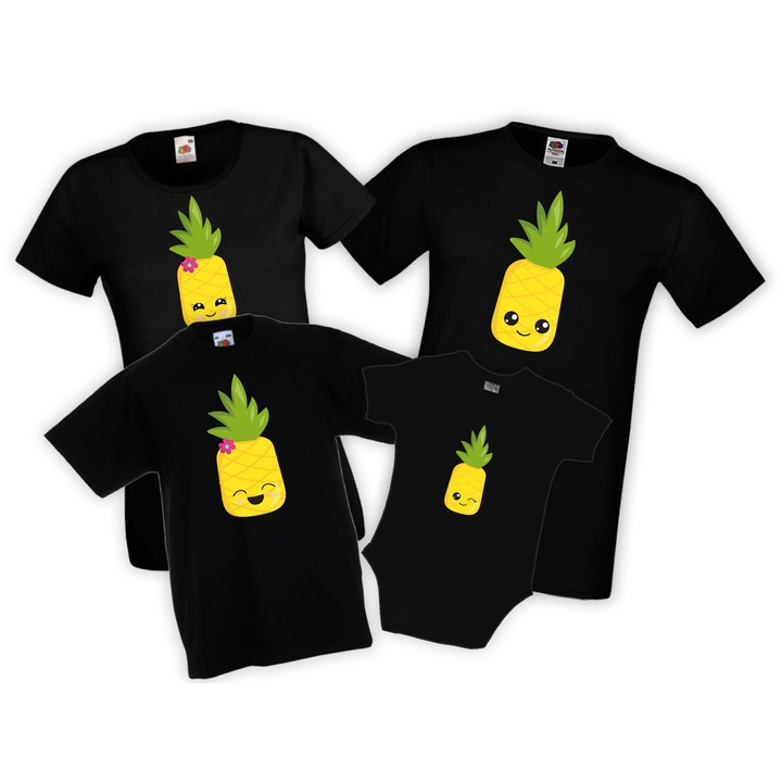 Tricou copii, TraLaLa, Bumbac, Pineapple Family, Negru, XS, 3-4 ani, 104-116 cm