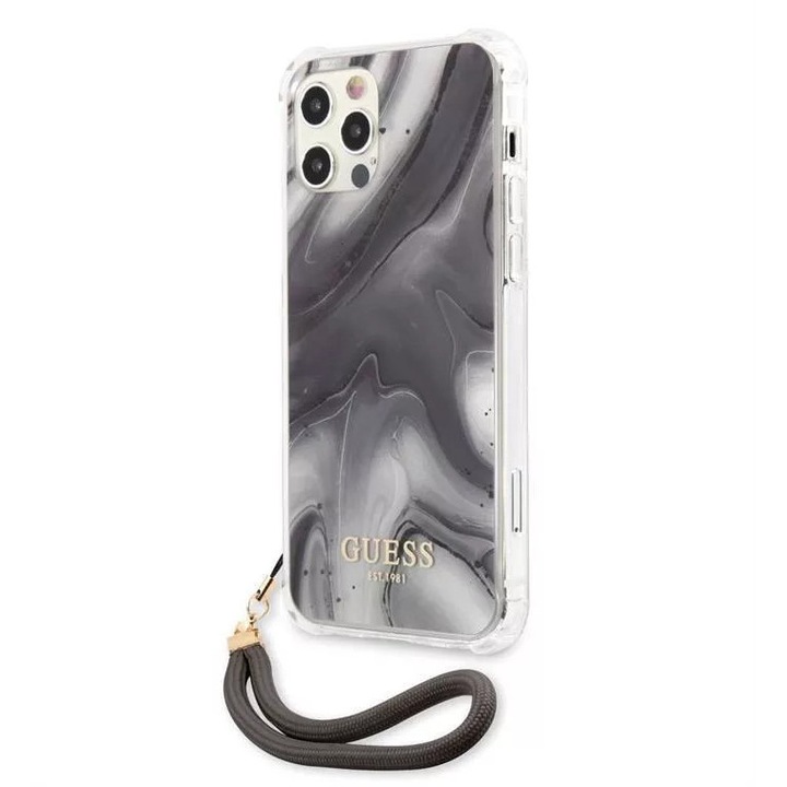 GUESS TPU Marble iPhone 12 / 12 Pro szürke márvány mintás hátlap tok, védőtok pánttal