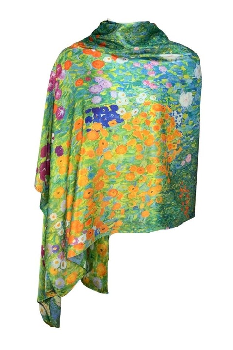 Esarfa tip sal doua fete pictata 11, matase, verde/bleu, 180x70cm
