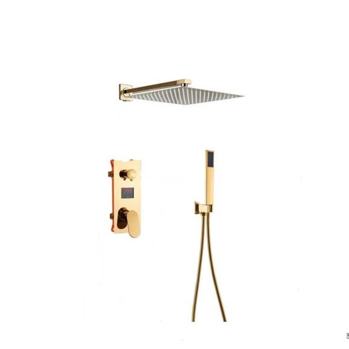Set de dus Auriu, AquaSpa, Robinet de dus cu efect de ploaie, 2 Functii, Display Led a temperaturii, Palarie de dus 20CM, AquaSpa