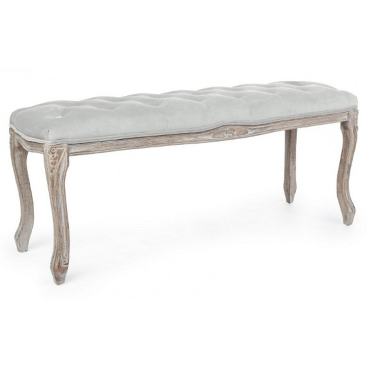 Bancuta cu picioare lemn maro patinat si tapiterie catifea gri Mathilde 110 cm x 36 cm x 47 h