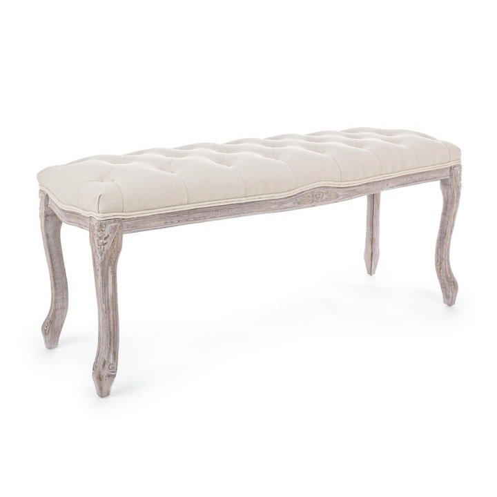 Кремава тапицирана пейка с естествени патинирани дървени крака Mathilde 110 cm x 36 cm x 47 h
