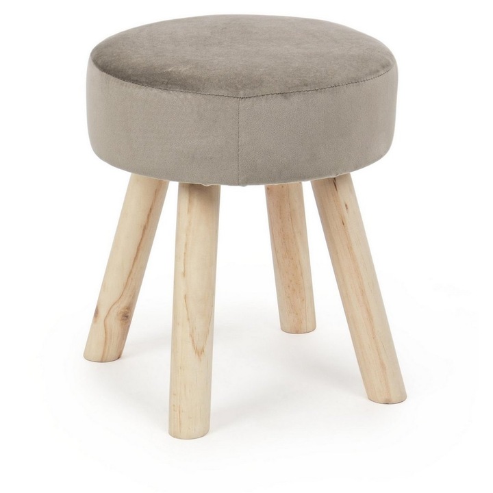 Taburet cu picioare din lemn natur si sezut velur bej Adeline 34x34x38 cm