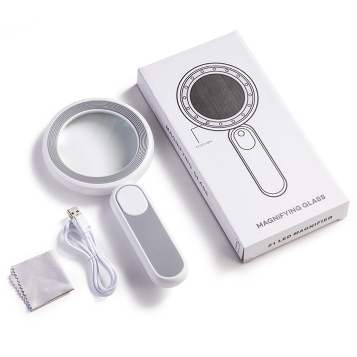 Lupa cu LED, 20X, 1200mAh, 3 Moduri iluminare, Incarcare USB, Gri