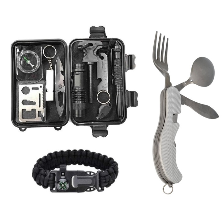 Kit supravietuire multifunctional Survivor STK-M, 14 piese, camping/drumetie/pescuit/vanatoare