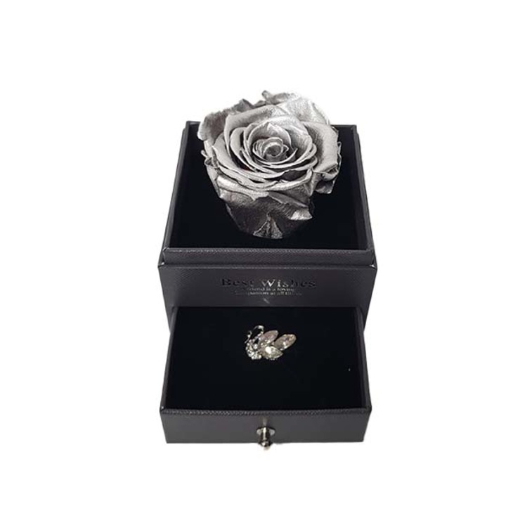 Trandafir criogenat in cutiuta cu sertar si brosa, silver, 10 cm