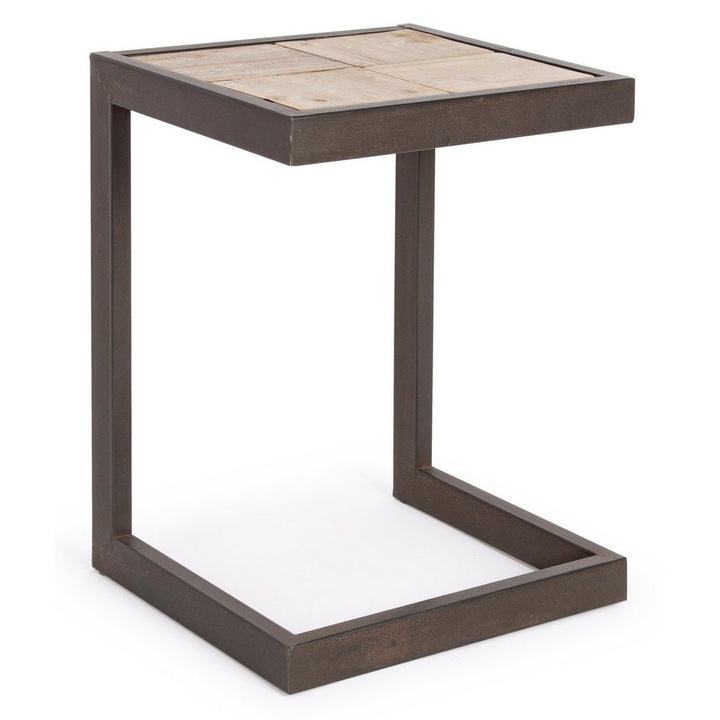 Taburet din fier maro cu sezut lemn natur Blocks 36x32x47 cm