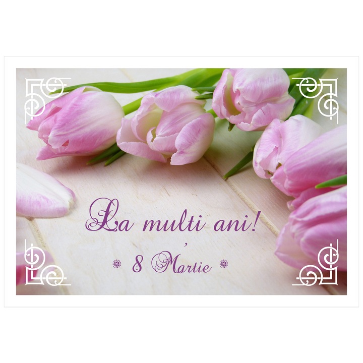 Set 12 Felicitari ”La multi ani!”, de 8 Martie, lalele, tip carte postala, format A6 imprimat fata-verso, carton 300 g
