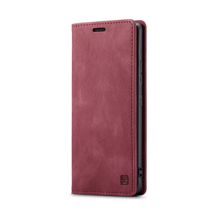 Husa pentru Samsung Galaxy S22 Plus, CaseMe Retro, slim, piele, tip portofel, stand, inchidere magnetica, textura moale, protectie RFID, Rosu